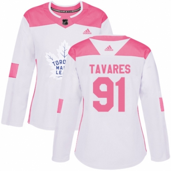 Women's Adidas Toronto Maple Leafs #91 John Tavares Authentic White Pink Fashion NHL Jersey - Ujersey