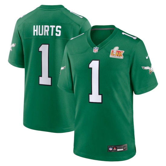 Men's Philadelphia Eagles #1 Jalen Hurts Nike Kelly Green Super Bowl LIX 2nd Alternate Game Jersey - Ujersey