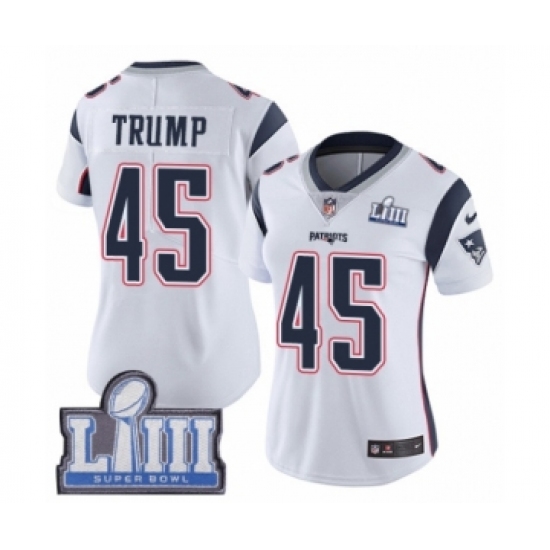 Women's Nike New England Patriots #45 Donald Trump White Vapor Untouchable Limited Player Super Bowl LIII Bound NFL Jersey - Ujersey