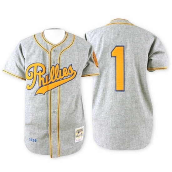 Men's Mitchell and Ness 1938 Philadelphia Phillies #1 Richie Ashburn Replica Grey Throwback MLB Jersey - Ujersey