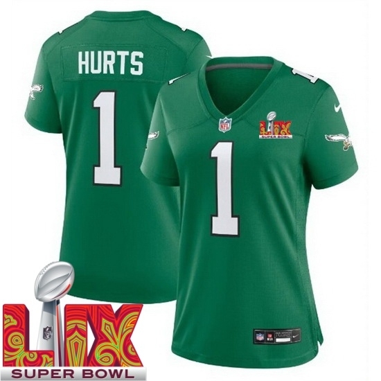 Women Philadelphia Eagles Jalen Hurts #1 Kelly Green 2024 2025 Super Bowl LIX F U S E Stitched NFL Jersey - Ujersey