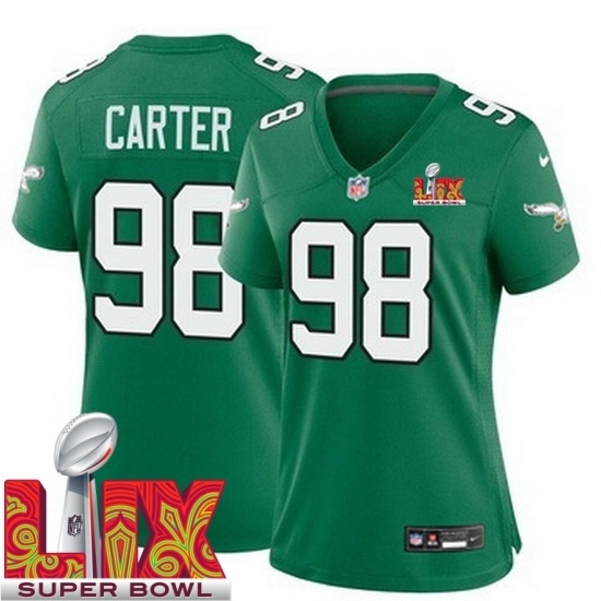 Women Philadelphia Eagles Jalen Carter #98 Kelly Green 2024 2025 Super Bowl LIX F U S E Stitched NFL Jersey - Ujersey