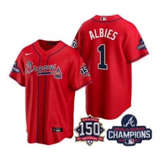 Men's Atlanta Braves #1 Ozzie Albies 2021 Red World Series Champions With 150th Anniversary Patch Cool Base Stitched Jersey - Ujersey