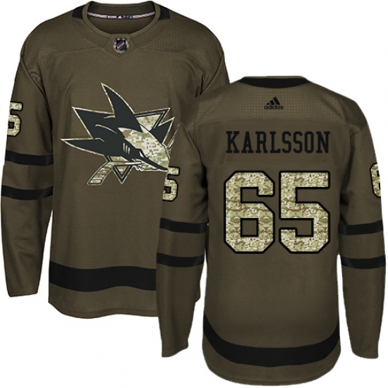 Youth Adidas San Jose Sharks #65 Erik Karlsson Authentic Green Salute to Service NHL Jersey - Ujersey