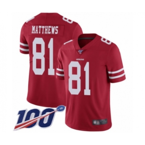 Youth San Francisco 49ers #81 Jordan Matthews Red Team Color Vapor Untouchable Limited Player 100th Season Football Jersey - Ujersey