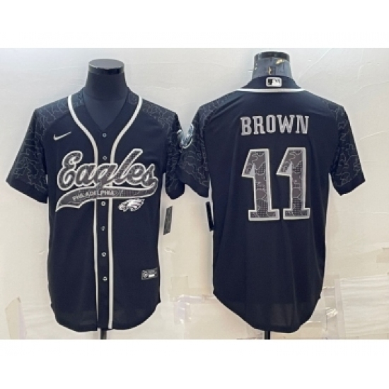 Men's Philadelphia Eagles #11 AJ Brown Black Reflective With Patch Cool Base Stitched Baseball Jersey - Ujersey