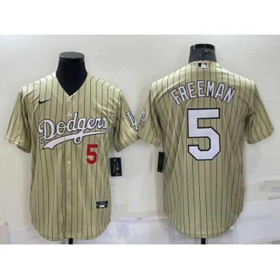 Men's Los Angeles Dodgers #5 Freddie Freeman Number Cream Pinstripe Stitched MLB Cool Base Nike Jersey - Ujersey