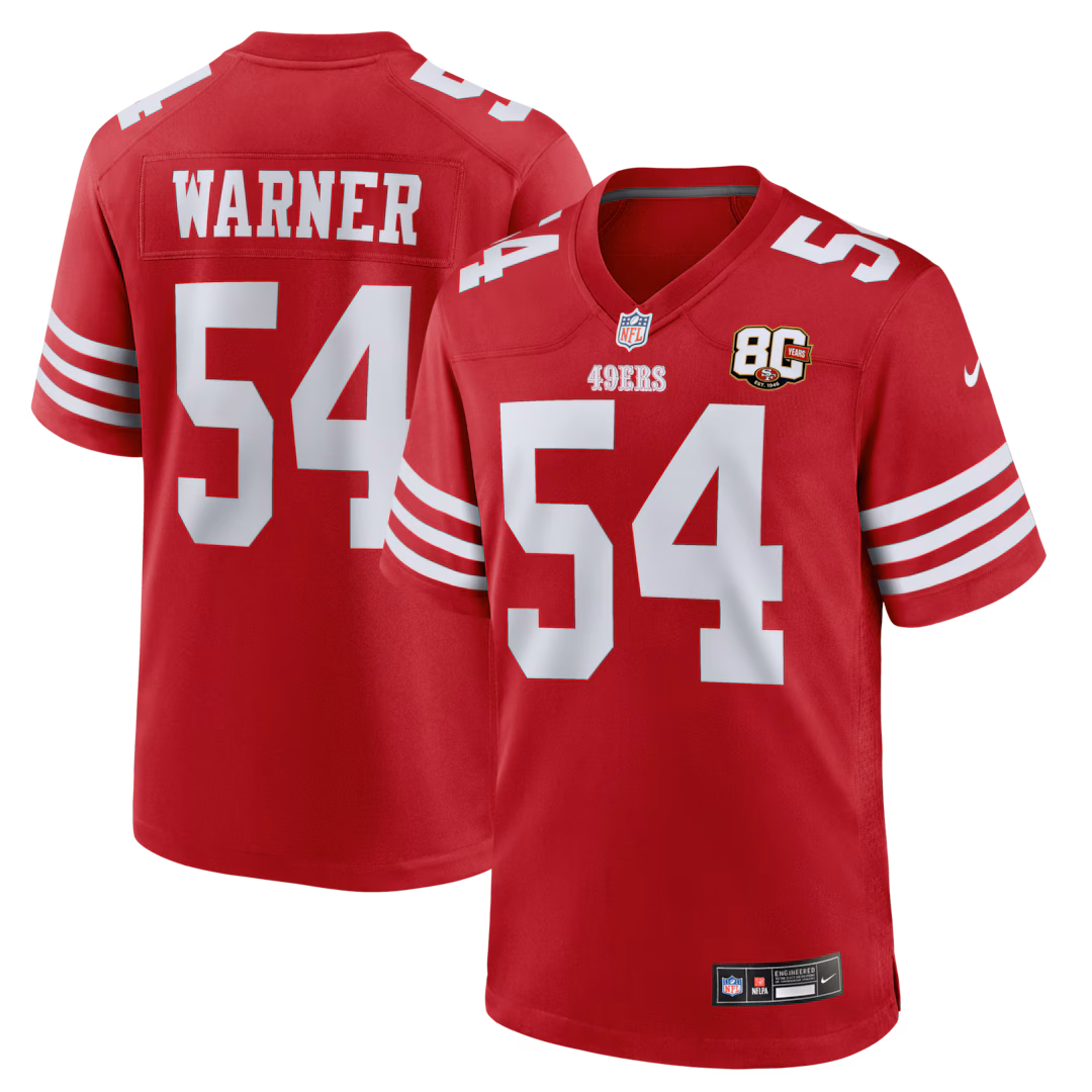 Men's San Francisco 49ers Fred Warner Nike Scarlet 80th Anniversary Game Jersey