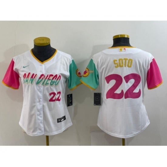 Women's San Diego Padres #22 Juan Soto Number White 2022 City Connect Cool Base Stitched Jersey - Ujersey