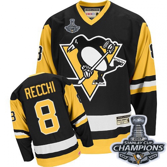Men's CCM Pittsburgh Penguins #8 Mark Recchi Authentic Black Throwback 2017 Stanley Cup Champions NHL Jersey