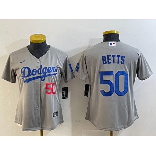 Women's Los Angeles Dodgers #50 Mookie Betts Number Grey Cool Base Stitched Nike Jersey - Ujersey