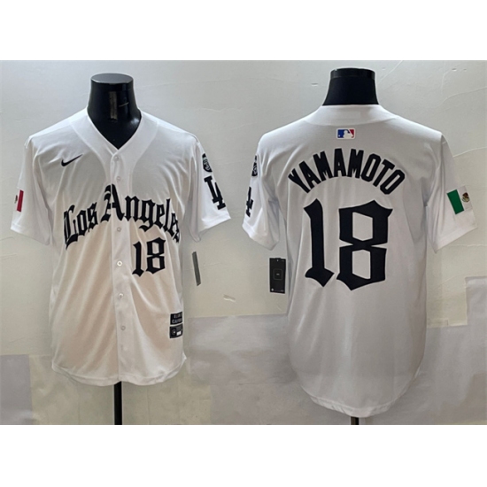 Men's Los Angeles Dodgers #18 Yoshinobu Yamamoto White Mexico 2025 LA Gothic Style With Fernando Vapor Premier Limited Stitched Baseball Jersey - Ujersey