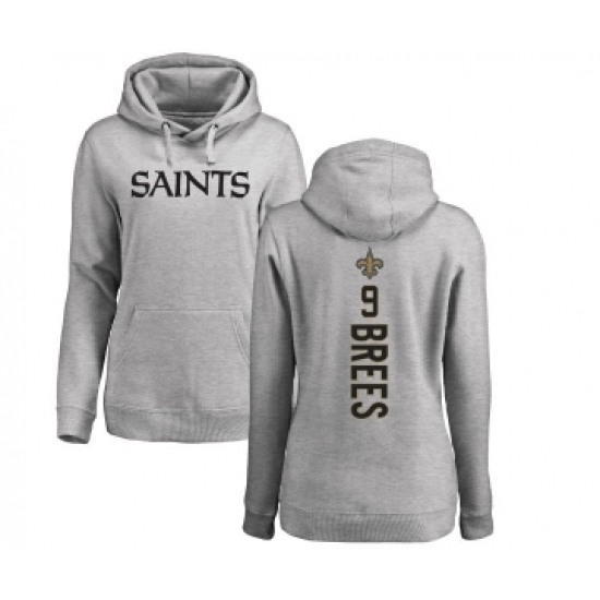 Football Women's New Orleans Saints #9 Drew Brees Ash Backer Pullover Hoodie - Ujersey