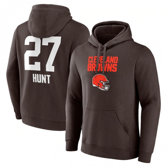 Men's Cleveland Browns #27 Kareem Hunt Brown Team Wordmark Player Name & Number Pullover Hoodie - Ujersey