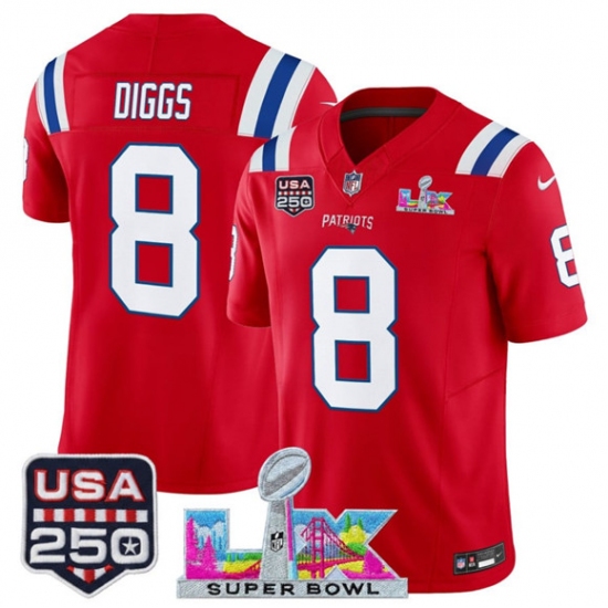 Men's New England Patriots #8 Stefon Diggs Red 2025 F.U.S.E. Super Bowl LX And USA 250 Vapor Limited Football Stitched Jersey - Ujersey