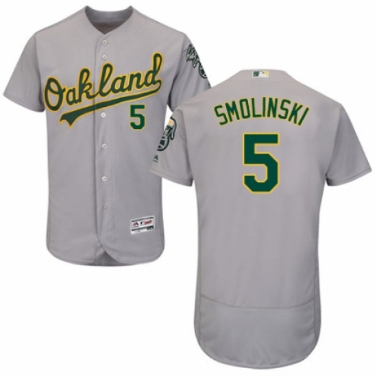 Men's Majestic Oakland Athletics #5 Jake Smolinski Grey Road Flex Base Authentic Collection MLB Jersey - Ujersey