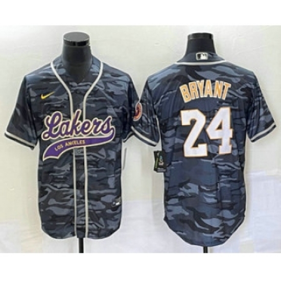 Men's Los Angeles Lakers #24 Kobe Bryant Black Camo Cool Base Stitched Baseball Jersey2 - Ujersey