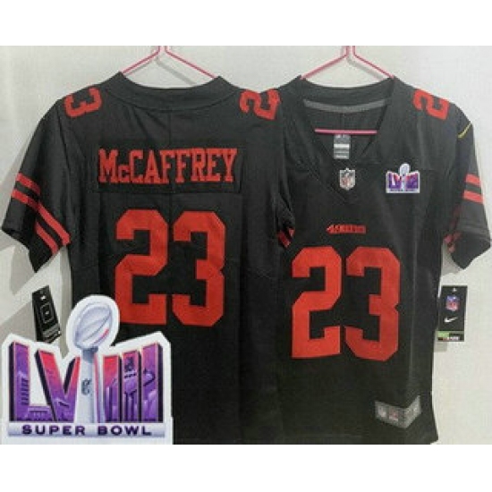 Women's San Francisco 49ers #23 Christian McCaffrey Limited Black LVIII Super Bowl Vapor Jersey - Ujersey