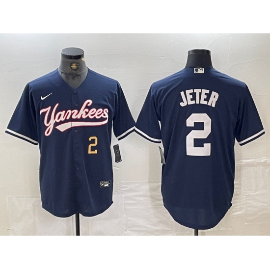 Men's New York Yankees #2 Derek Jeter Number Navy Cool Base Stitched Baseball Jersey - Ujersey