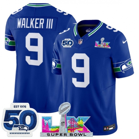 Men's Seattle Seahawks #9 Kenneth Walker III Royal 2025 F.U.S.E. Super Bowl LX And 50th Season Vapor Throwback Limited Football Stitched Jersey - Ujersey