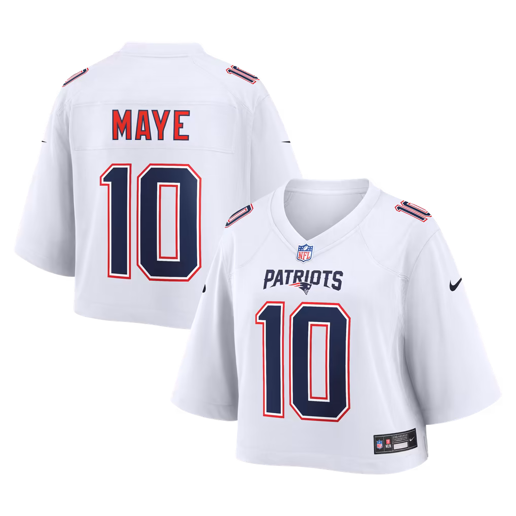 Women's New England Patriots Drake Maye Nike White Cropped Fashion Game Jersey - Ujersey Shop