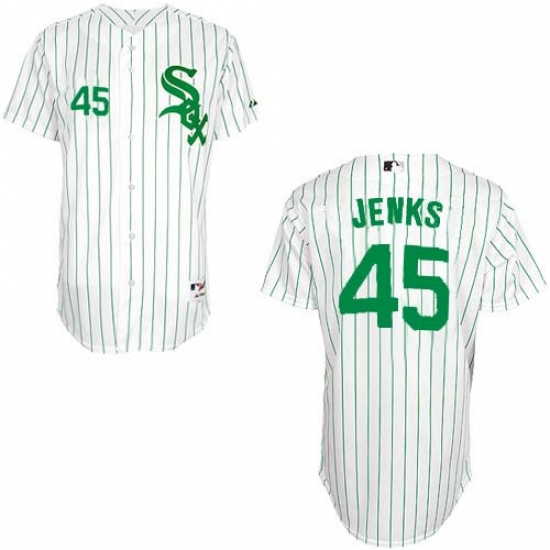 Men's Majestic Chicago White Sox #45 Bobby Jenks Authentic White/Green Strip MLB Jersey - Ujersey