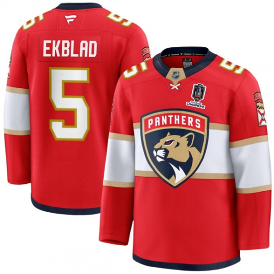 Men's Florida Panthers #5 Aaron Ekblad Red Home 2025 Stanley Cup Champions Stitched Jersey - Ujersey
