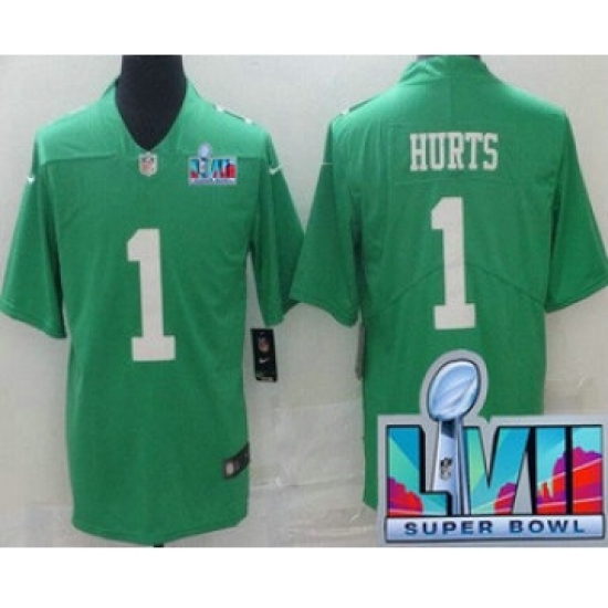 Men's Philadelphia Eagles #1 Jalen Hurts Limited Green Rush Super Bowl LVII Vapor Jersey - Ujersey