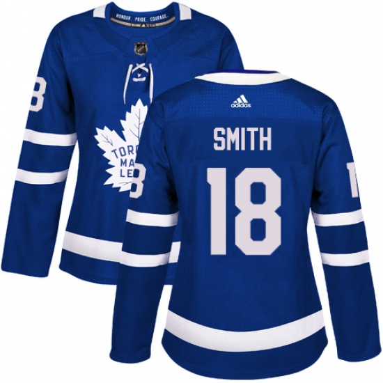 Women's Adidas Toronto Maple Leafs #18 Ben Smith Authentic Royal Blue Home NHL Jersey - Ujersey