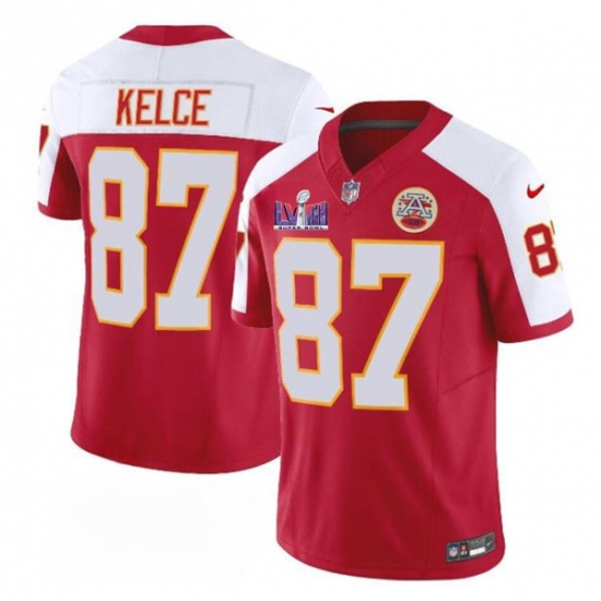 Men's Kansas City Chiefs #87 Travis Kelce Red White 2024 F.U.S.E. Super Bowl LVIII Vapor Untouchable Limited Football Stitched Jersey - Ujersey