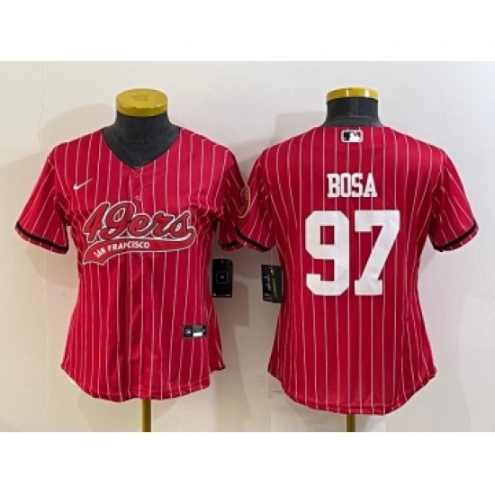 Women's San Francisco 49ers #97 Nick Bosa Red Pinstripe With Patch Cool Base Stitched Baseball Jersey - Ujersey