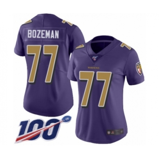 Women's Baltimore Ravens #77 Bradley Bozeman Limited Purple Rush Vapor Untouchable 100th Season Football Jersey - Ujersey