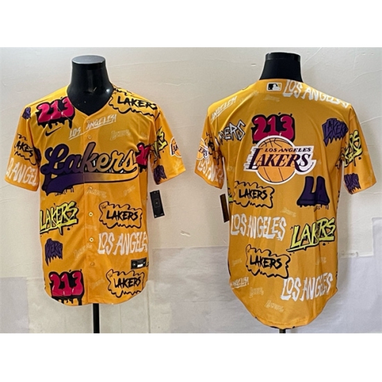 Men's Los Angeles Lakers Team Big Logo Yellow Limited Stitched Baseball Jersey - Ujersey