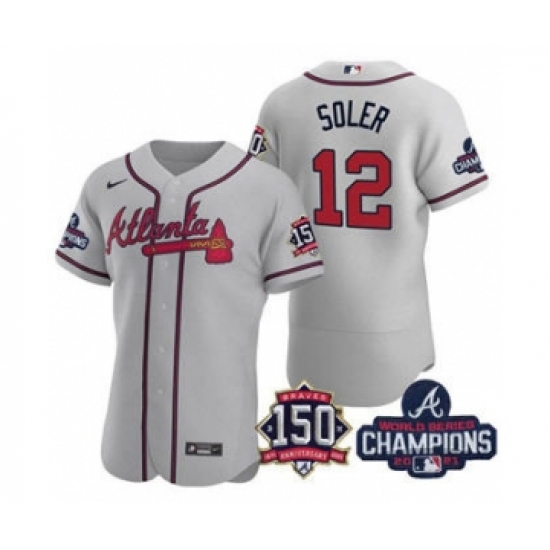 Men's Atlanta Braves #12 Jorge Soler 2021 Gray World Series Champions With 150th Anniversary Flex Base Stitched Jersey - Ujersey