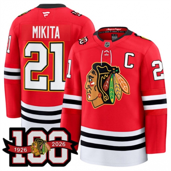 Men's Chicago Blackhawks #21 Stan Mikita Red 2025 Home 100th Anniversary Stitched Hockey Jersey - Ujersey