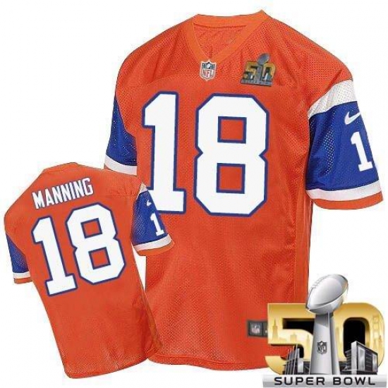 Men's Nike Denver Broncos #18 Peyton Manning Elite Orange Throwback Super Bowl 50 Bound NFL Jersey - Ujersey