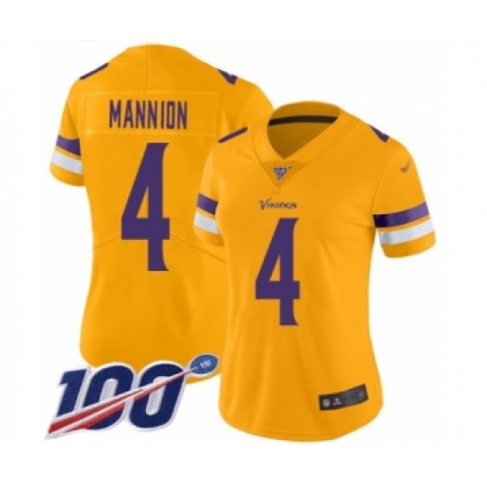 Women's Minnesota Vikings #4 Sean Mannion Limited Gold Inverted Legend 100th Season Football Jersey - Ujersey