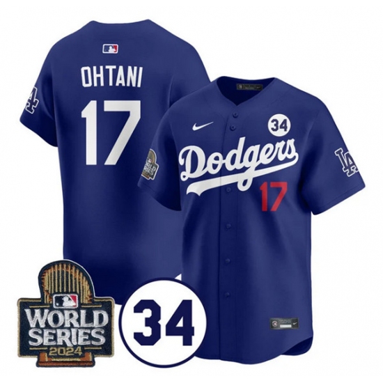 Men's Los Angeles Dodgers #17 Shohei Ohtani Royal 2024 World Series With No. 34 Cool Base Stitched Baseball Jersey