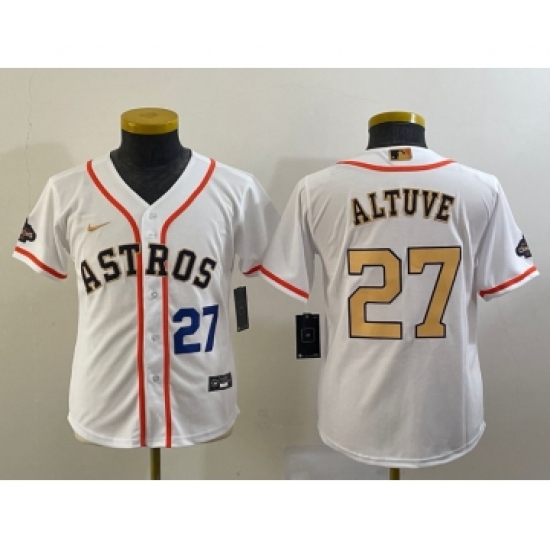 Youth Houston Astros #27 Jose Altuve Number 2023 White Gold World Serise Champions Cool Base Stitched Jersey1 - Ujersey