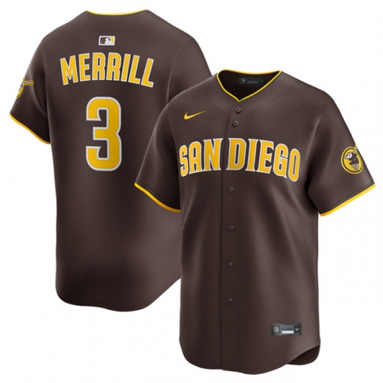 Men's San Diego Padres #3 Jackson Merrill Brown 2024 Away Limited Stitched Baseball Jersey - Ujersey