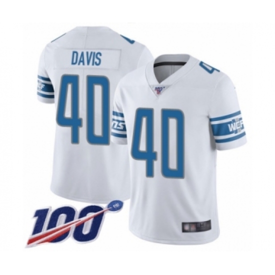 Men's Detroit Lions #40 Jarrad Davis White Vapor Untouchable Limited Player 100th Season Football Jersey