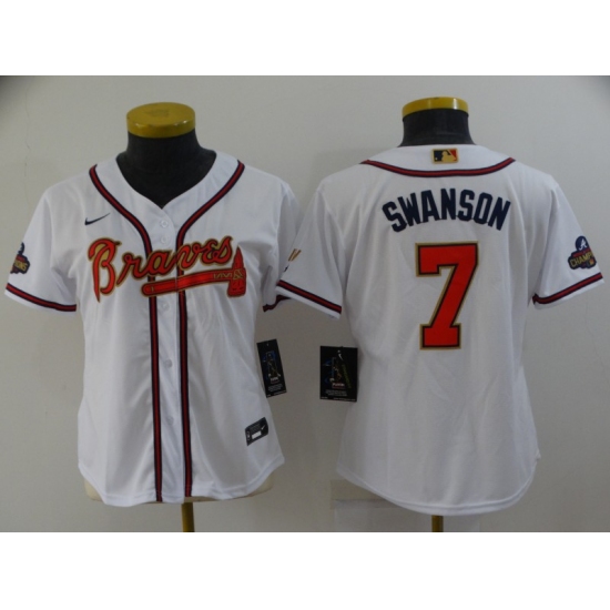 Women's Atlanta Braves #7 Dansby Swanson Nike White 2022 Gold Program Authentic Player Jersey
