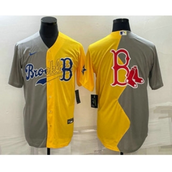 Men's Boston Red Sox Big Logo Grey Yellow Split Cool Base Stitched Jersey - Ujersey