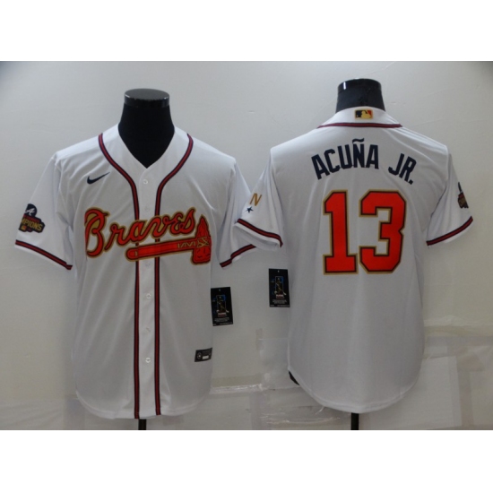 Men's Atlanta Braves #13 Ronald Acuna Jr. Nike White 2022 Gold Program Authentic Player Jersey