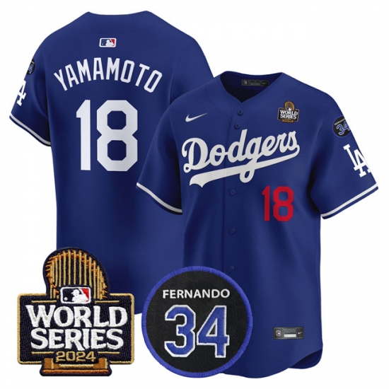 Men's Los Angeles Dodgers #18 Yoshinobu Yamamoto Royal 2024 World Series With Fernando Memorial Limited Stitched Baseball Jersey - Ujersey