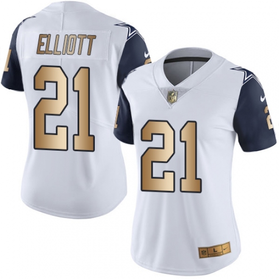 Women's Nike Dallas Cowboys #21 Ezekiel Elliott Limited White/Gold Rush NFL Jersey - Ujersey