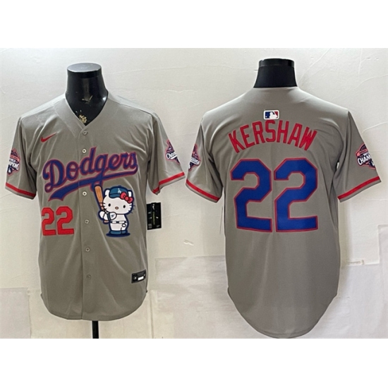 Men's Los Angeles Dodgers #22 Clayton Kershaw Grey Hello Kitty Night 2025 World Series Champions Stitched Baseball Jersey - Ujersey