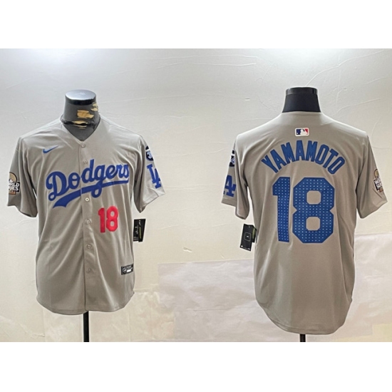 Men's Los Angeles Dodgers #18 Yoshinobu Yamamoto Grey 2024 World Series With Fernando Memorial Limited Stitched Baseball Jersey - Ujersey