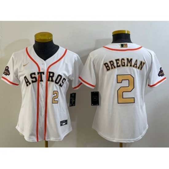 Women's Houston Astros #2 Alex Bregman Number 2023 White Gold World Serise Champions Cool Base Stitched Jerseys - Ujersey