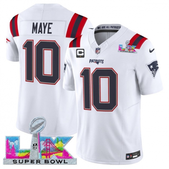 Men's New England Patriots #10 Drake Maye White 2025 F.U.S.E. Super Bowl LX And 1-Star C Vapor Limited Football Stitched Jersey - Ujersey